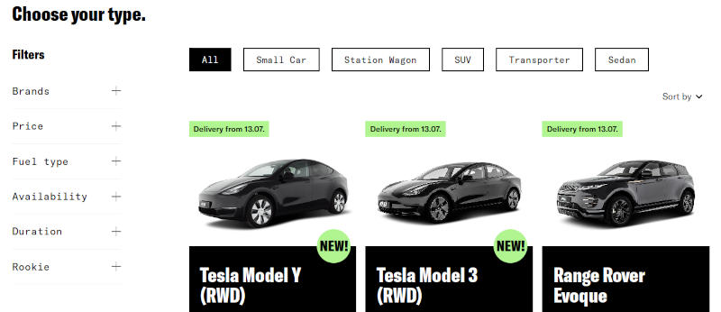 A screenshot of the Miles car rental service subscription web page with filters and three car offers, two Teslas and one Range Rover model. The cars are black on a white background.